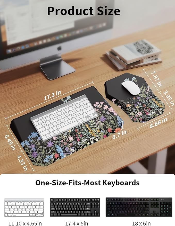 3-in-1 Ergonomic Keyboard Stand with Wrist Rest & Mouse Pad Set, Comfy Keyboard Riser Holder Soft Mousepad with Massage Design, Memory Foam and Non-Slip PU Base for Pain Relief, Flower