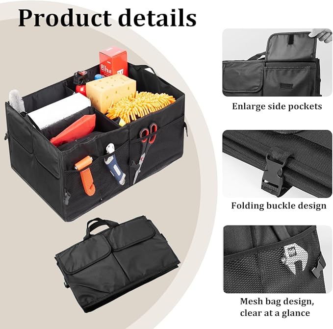 Car Trunk Organizer, Large Capacity Collapsible Multi-Compartment Vehicle Trunk Storage Organizer, Foldable Auto Rear Seat Organization Box for Cargo Grocery, Universal for Vehicles (Black)