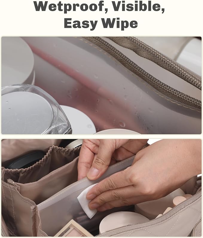 Hynes Eagle Travel Makeup Bag for Women Puffy Cosmetic Organizer Pouch Open Flat Toiletry Bag for Toiletries Brushes Structured Base Classic Camel