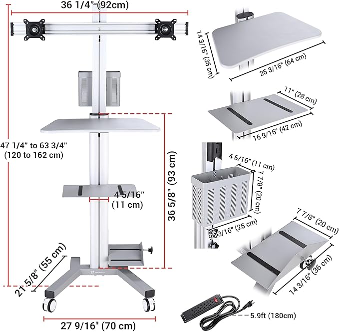 AW 32" Mobile PC Stand Workstation, Height Adjustable Dual Monitor Mount, Rolling Computer Cart on Wheels, Silver
