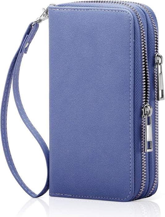 Cellphone Wallet for Women Dual Zipper Long Purse with Removable Wristlet