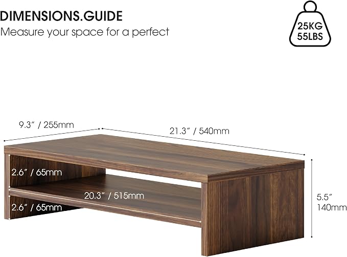 FITUEYES Monitor Stand - 2 Tier Computer Monitor Riser with 21.3 Inch Shelf, Wood Desktop Stand for Laptop Computer Screen, Desk Organization, Office Supplies