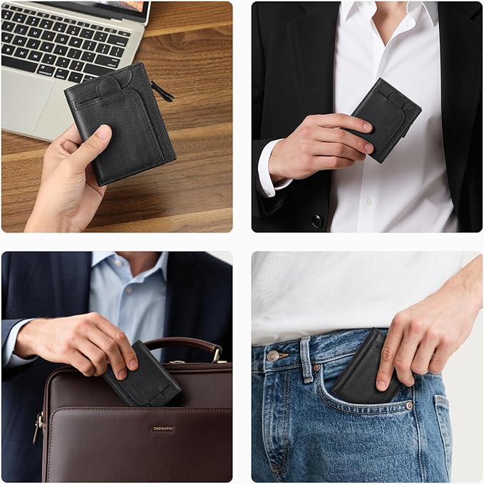 BAIGIO Genuine Leather Wallets for Men, Large Capacity Mens Bifold Wallet Leather RFID Blocking with Huge Zip Coin Pocket, 14 Credit Card Slots, Men's Cash Wallet in Gift Box, Black