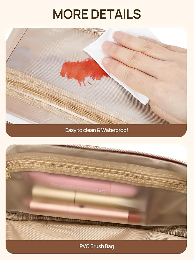 Telena Leather Make Up Bag Portable Travel Makeup Bag Waterproof Cosmetic Bags for Women Large Capacity With Handle and Divider Open Lay Flat