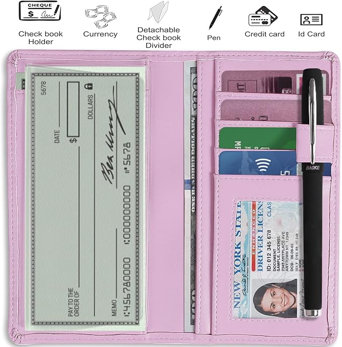 Sanlykate Leather Checkbook Cover for Men and Women, Check Book Case Card Holder with Free Divider, Standard Register Duplicate Checks with pen inserts, Purple