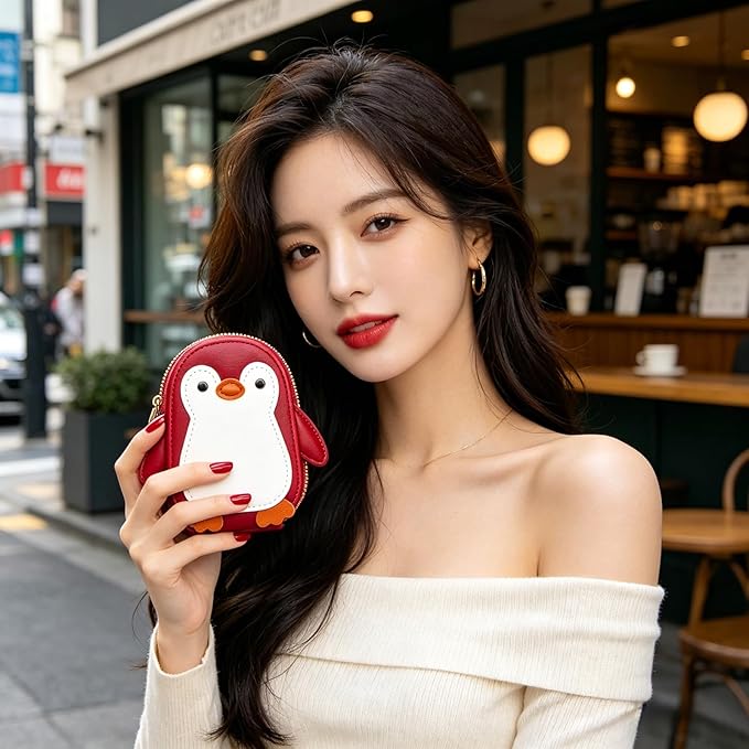 Cute Cartoon Penguin-shaped Coin Purse PU Leather Accordion Card Holder Large Capacity Zippered Money and Card Organizer Portable Mini Coin Purse (red)