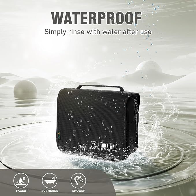 Hanging Travel Toiletry Bag, Portable Travel Cosmetic Organizer Bag for Women Men, Waterproof Toiletries Wash Bag with 4 Compartments & Hanging Hook (Black)