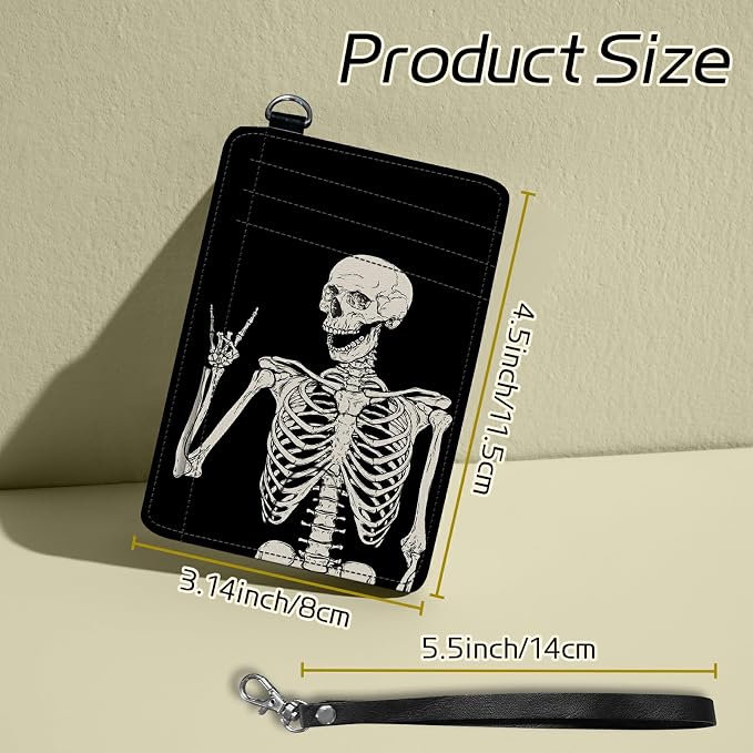 Small Travel Wallets, Skull Skeleton Slim Minimalist Front Pocket Wallet with Wristlet, RFID Blocking PU Leather Credit Card Holder with ID Window Change Purse for Men Women