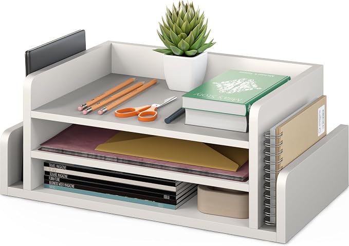 Ballucci 3-Tier Desk Organizer with 2 Side Mail Sorter Slots, Wood Letter Tray, Open Top Paper Organizer, Desktop File Organizer, White
