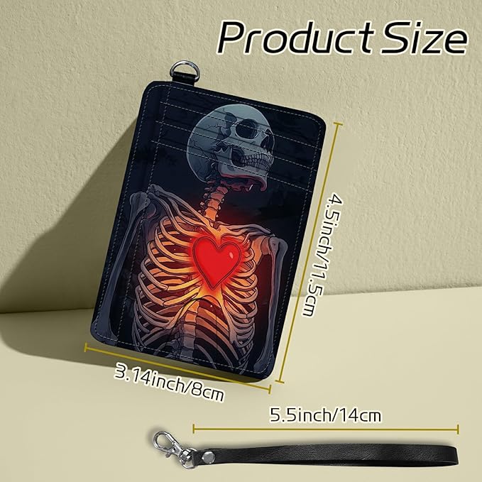 Small Travel Wallets, Skull Heart Slim Minimalist Front Pocket Wallet with Wristlet, RFID Blocking PU Leather Credit Card Holder with ID Window Change Purse for Men Women