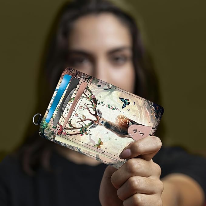 Small Travel Wallets, Decorative Deer Butterfly Slim Minimalist Front Pocket Wallet with Wristlet, RFID Blocking PU Leather Credit Card Holder with ID Window Change Purse for Men Women