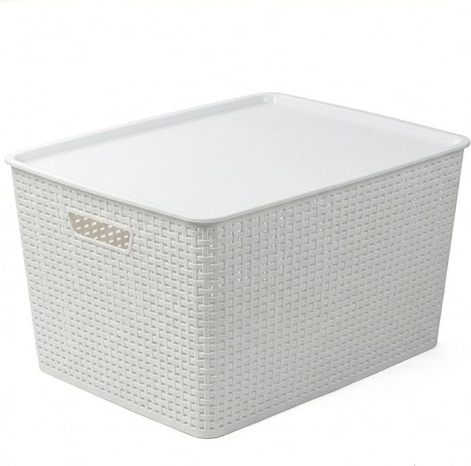 BINO | Plastic Storage Baskets with Lids, 45 Liter - 3 Pack, White | THE WOVEN COLLECTION | Storage Basket for Shelves | Woven Storage Baskets for Organizing Bins Pantry Shelf Organizer Container Bin