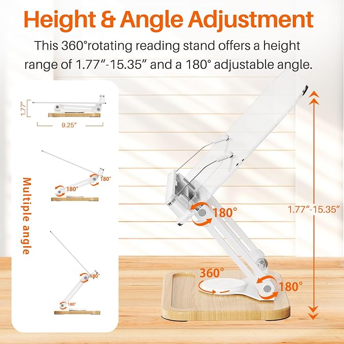 BYMECOST Acrylic Book Stand for Reading, 360°Rotating Book Holder with Pen Slot, Adjustable Height and Angle, Elastic Clips for Cookbook Stand, Foldable Desktop Riser for Laptop,Tablet,Recipe,Magazine
