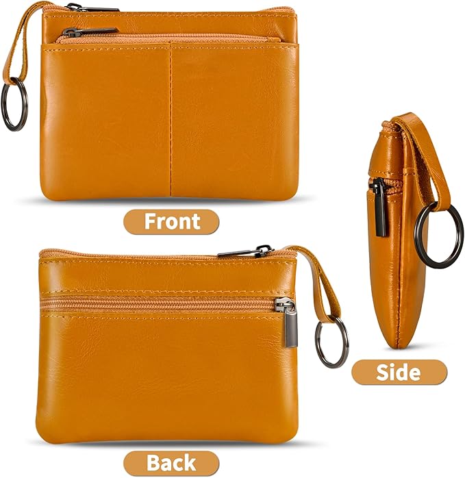 Light Brown Genuine Leather Multi-Functional Wallet - Compact Card Holder, Coin Purse & Key Organizer with 3 Zippers, Built-in Key Ring, Perfect for Travel, Work & Daily Use