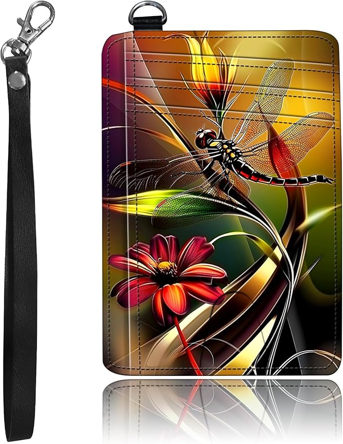 Slim Minimalist Front Pocket Wallet,Credit Card Holder Wallet for Women Men,RFID Blocking Credit Card Holder Case Leather Cute Small Thin Wallet ID Window&Wrist Strap,Dragonfly Plant