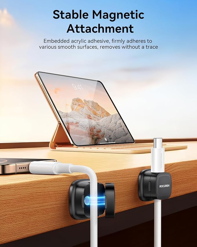 8 Pack Magnetic Cable Clips, Rocoren Under Desk Cord Holder Cable Management-1s Lock, Adhesive Cord Cable Clip Wire Holder Keeper Organizer for Phone Car Home Office Desk Wall Desktop Nightstand