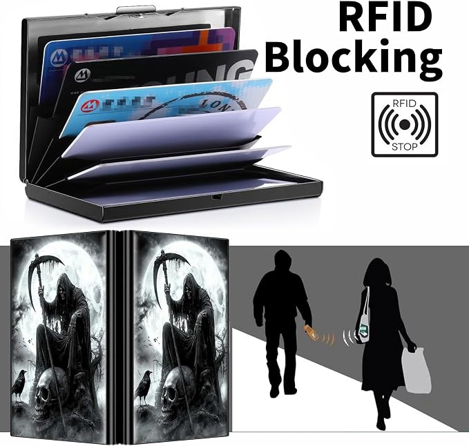 Metal Wallet, Credit Card Holder for Women Men Girls, RFID Blocking Aluminum Wallet Slim Hard Case, Mini Travel Wallet, ID Card Holder Business Card Case,Grim Skulls Reaper