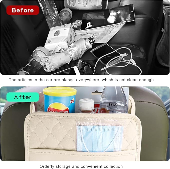 Car Back Seat Organizer, Large Capacity Foldable Car Headrest Hanging Organizer with Storage Pockets, Waterproof Leather Multipurpose Back Seat Storage Bag for Most Vehicles (White)