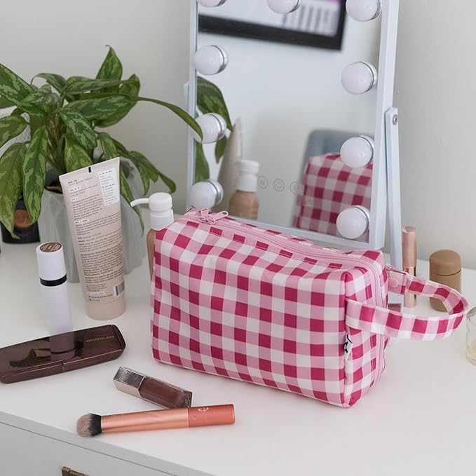 Tiny Twinkle Waterproof Travel Toiletry & Makeup Bag Organizer | Makeup Pouch with Multiple Compartments & Snap Handle for Travel | Gift for Teen Girls and Women (Raspberry Gingham)