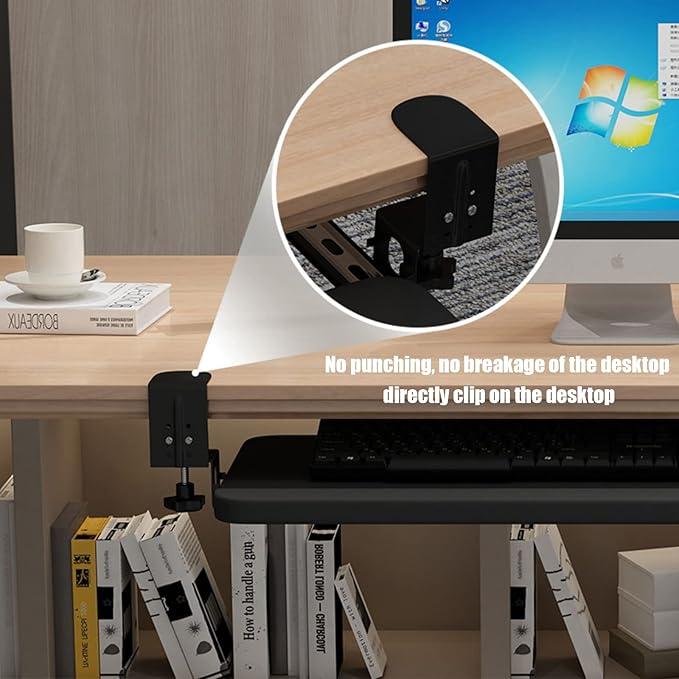 QQXX Swivel Keyboard Tray Under Desk with C Clamp,Adjustable Slide Out Computer Keyboard Stand, Ergonomic Keyboard Shelf for Home or Office, No Screw into Desk(65x25cm(25.6x9.8), White)