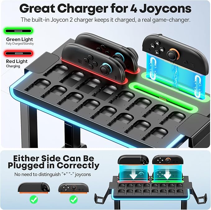 Switch 2 RGB Organizer Station with Controller Charging Dock, Switch 2 Storage Stand, Joycon 2 Charger, Gaming Accessories Holds TV Dock, 16 Game Cases, 16 Game Cards and 2 Pro Controllers