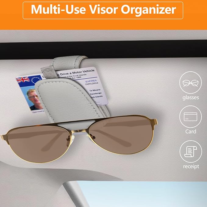 Sunglasses Holders for Car Visor, 2 Pack Magnetic Leather Sunglass Clip for Car Visor, Car Glasses Holder and Ticket Card Clip, Eyeglass Holder for Car Visor Accessories (Gray)