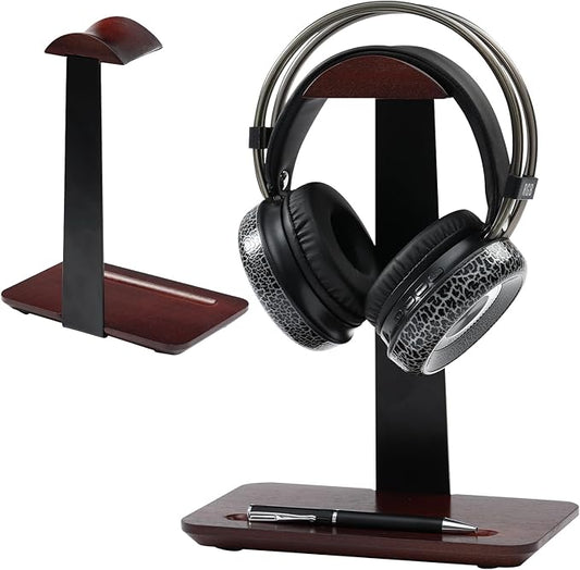 Walnut Headphone Stand with Pen Holder - Solid Wood Headset Stand for Desk, Wooden Headphone Holder and Executive Desk Organizer for Office, Compatible with AirPods Max, Sony, Bose Headphones, Brown