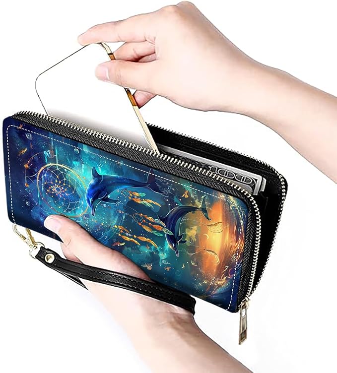 Women's Large Capacity Wallet PU Leather Zip Around Clutch Purse Multifunctional Wallet with Removable Wristlet Strap for Smart Phone/Coin/Card/Cash, Dream Catcher Dolphin