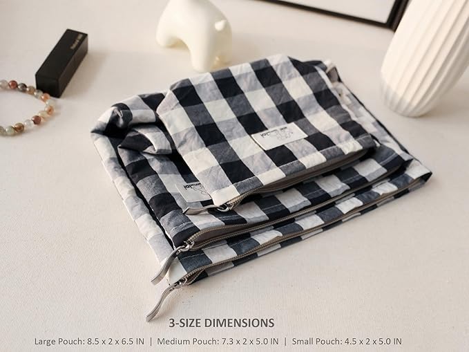HAPPYHEIDI Cotton Black White Checker Makeup Bag Set 3 with Compartment Cosmetic Toiletry Travel Pouch,Purse Accessory Organizer, 3-Size, Canvas Lined