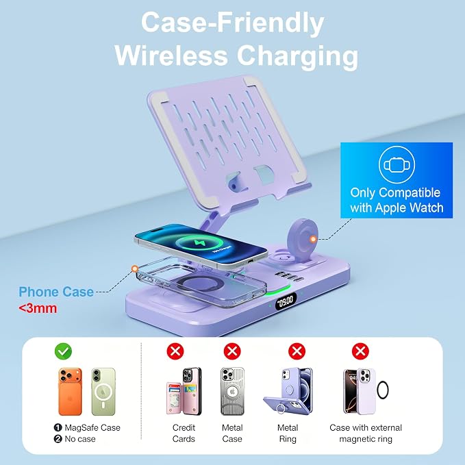Magnetic Charging Station for Apple Multiple Devices, Wireless Charger with Clock & Light, Foldable Wired Charging Stand for iPad/Tab, Mag-Safe Charger for iPhone 17, for Apple Watch for AirPods