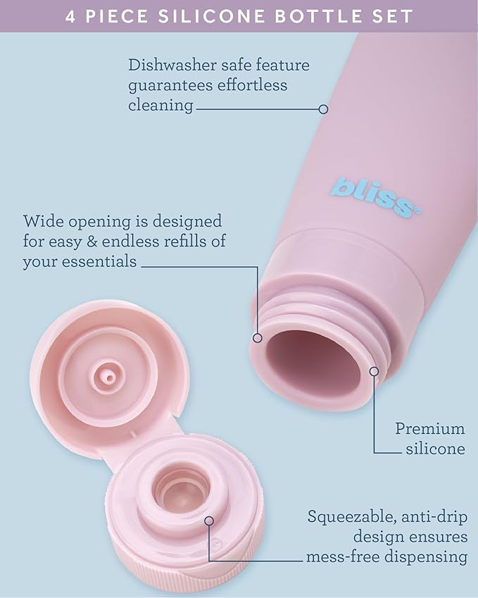 Bliss Travel Bottles Set - 4/7/10 Piece TSA Approved Leak-Free Refillable Travel Size Toiletries Containers for Skincare, Lotion, Shampoo, and Conditioner, 4pc Silicon Multicolor