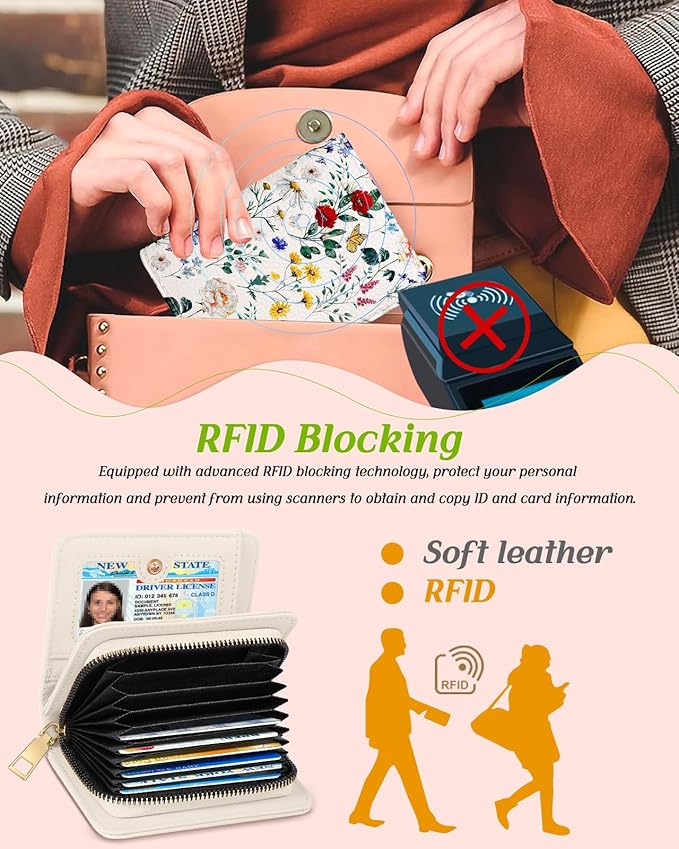 Bistup Credit Card Holder Wallet for Women Cute Leather Ladies Teen Girls Female Cardholder Wallets Accordion Purse Small Medium Aesthetic Print Flower Floral Modern Design Rfid Zipper Around