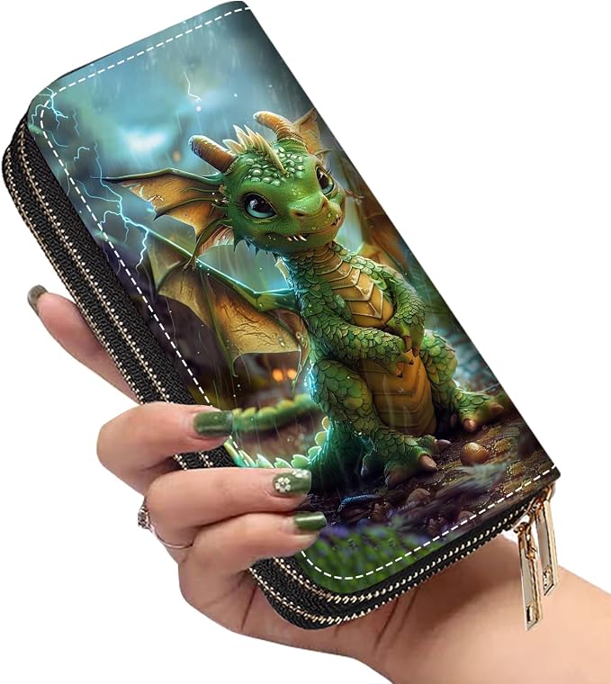 Women's Large Capacity Wallet PU Leather Double Zipper Clutch Purse Multifunctional Wallet with Removable Wristlet Strap for Smart Phone/Coin/Card/Cash, Cute Dragon Baby