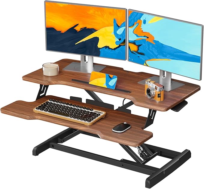 Standing Desk Converter 32 inch, Height Adjustable Sit Stand Desk Riser, Quick Sit to Stand Tabletop Dual Monitor Riser Workstation for Home Office with Keyboard Tray, Dark Wood
