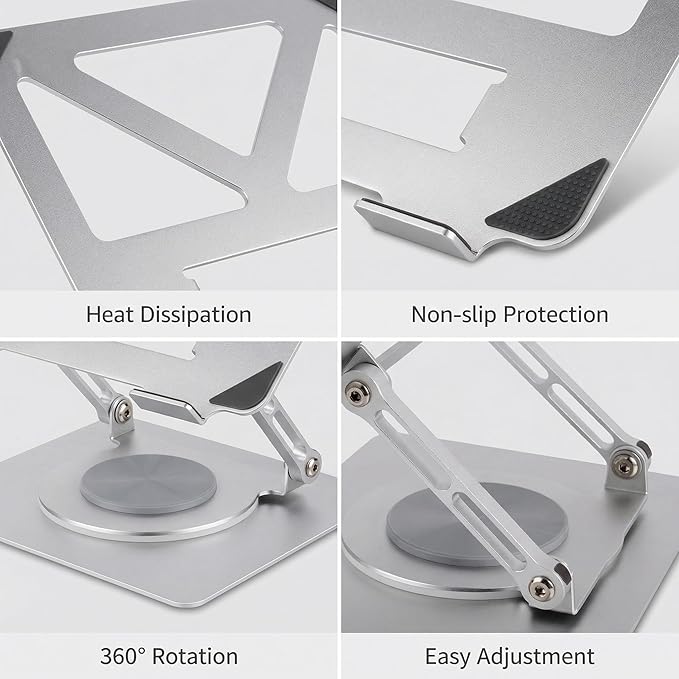 360 Rotating Aluminum Laptop Stand, Adjustable & Foldable Ergonomic Computer Stand, Compatible with MacBook, iPad, Dell, HP up to 16 Inches for Home & Office, Silver