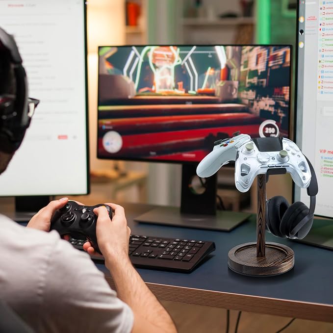 MyGift Industrial Matte Black Metal Headphone Stand with Burnt Wood Tray – Desktop Headset and Gaming Controller Holder for Office, Studio, or Console Setup