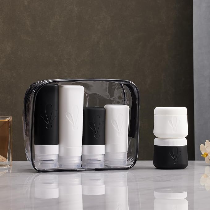 INSFIT travel bottles for toiletries 6 Pack, Leak proof Travel Size Toiletries Containers with toiletry bag, Squeezable Silicone Bottles & Cream Jars, Travel Essentials BPA-Free set for Shampoo