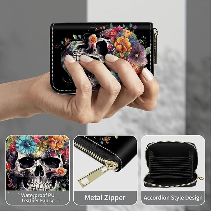 Cute Credit Card Holder with Zipper, Sugar Skull Flowers RFID-Blocking Card Case Small Wallet for Women Men, Multi-slot Card Organizer Case Travel Accordion Wallet