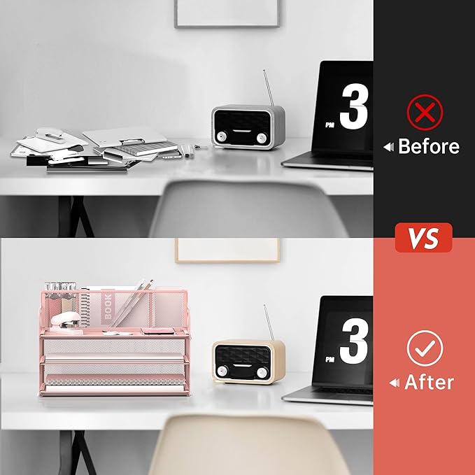3 Tier Paper Letter Tray Organizer with Pen Holder for Desk, Black Metal Mesh Desk File Folder Sorter Organizer with Handle and Sliding Tray for Home, Office, School Supplies Organization(Pink)