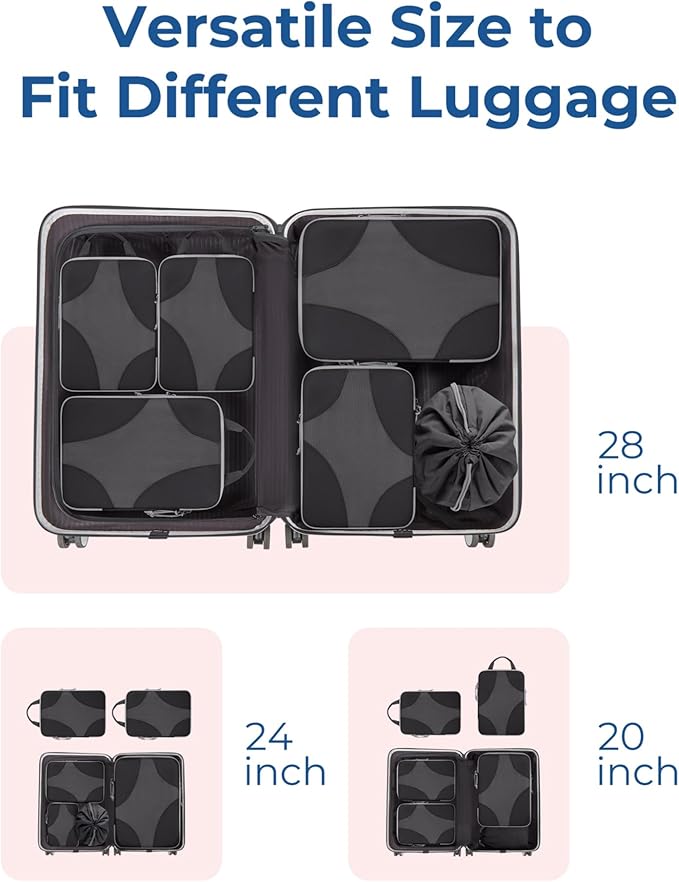 BAGSMART Compression Packing Cubes for Travel, Compressible Luggage Organizer for Cruise Ship, Lightweight Travel Essentials 6-Pack 1L+2M+2S+1Shoe Bag