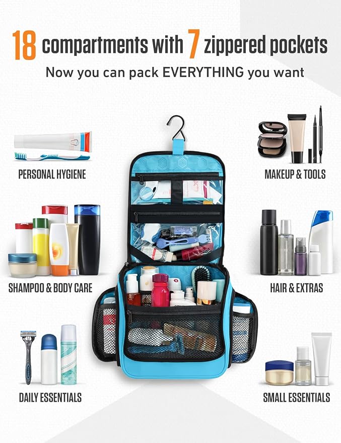 VENTURE 4TH Hanging Travel Toiletry Bag for Women & Men – Large Toiletry Organizer with 18 Compartments, Removable TSA Pouch, Travel Wash Bag for Toiletries, Makeup & Shaving Kit (Light Blue)