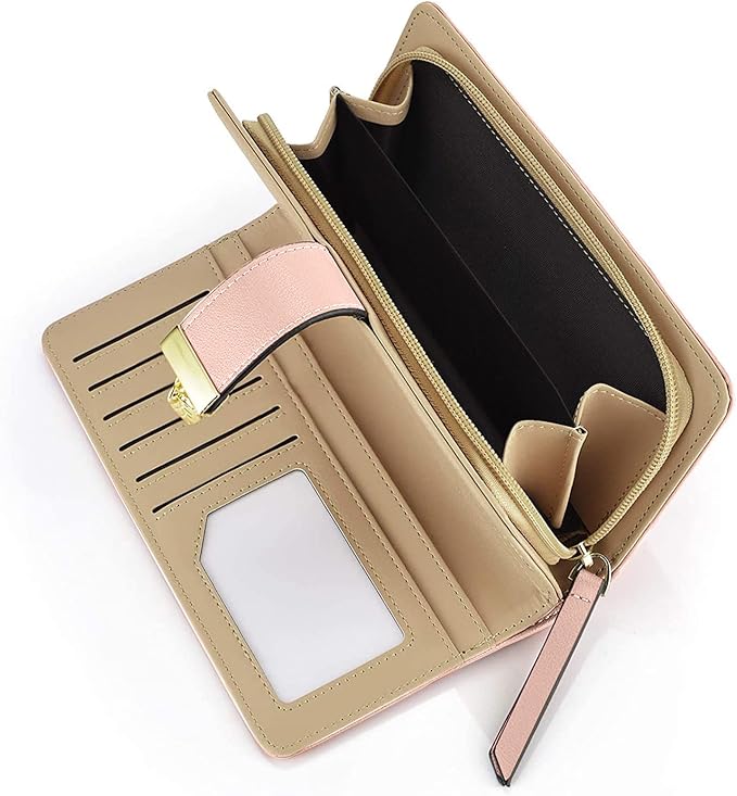 PGXT Women's Wallet Women Credit Card Holder Hollow Leaf Pattern Bifold Leather Lady Long Wallet Purse Zip Birthday Xmas Gifts for Women Girls(Pink)