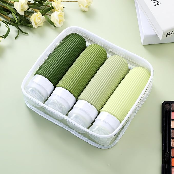 Mrsdry Travel Bottles for Toiletries, Tsa Approved 3oz Portable Travel Bottles, BPA Free Leak Proof Squeezable Silicone Travel Size Containers, Travel Accessories with Clear Toiletry Bag (4 Pack)