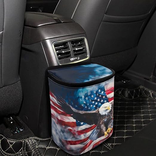 Biyejit USA Flag Eagle Car Trash Can with Lid, Leak Proof Auto Trash Bag Hanging Vehicle Garbage Can Multipurpose Storage Container for Back Seat Road Trip