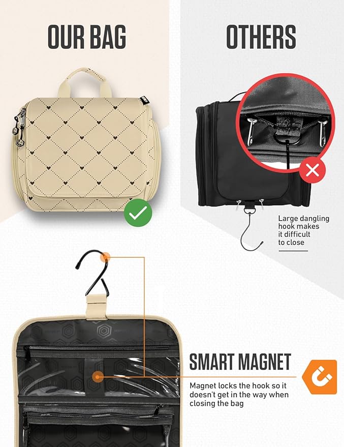 VENTURE 4TH Hanging Travel Toiletry Bag for Women & Men – Large Toiletry Organizer with 17 Compartments, Removable TSA Pouch, Travel Wash Bag for Toiletries, Makeup & Shaving Kit (Beige Diamonds)