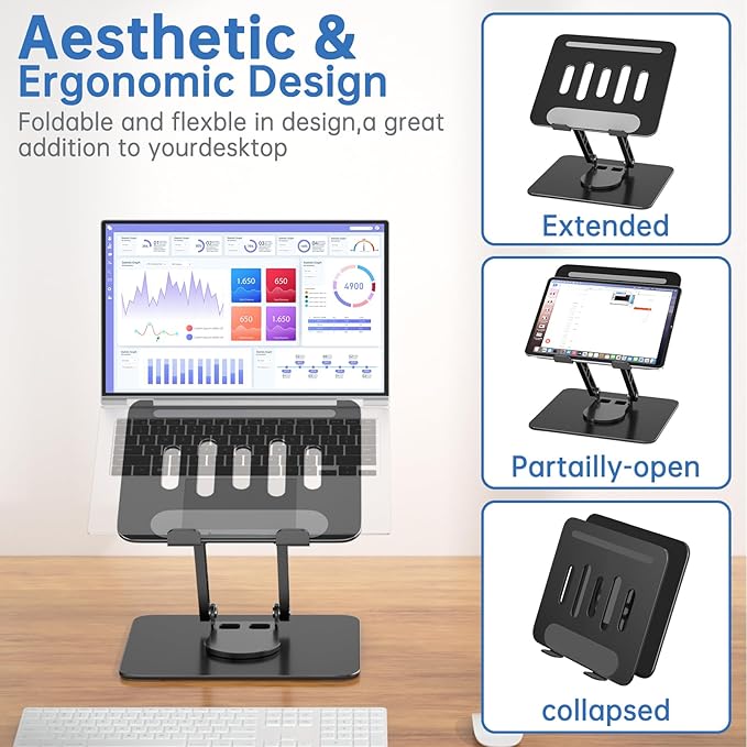 Laptop Stand for Desk Adjustable Computer Stand with 360 Rotating Base Ergonomic Laptop Riser Mount for Desk Foldable Protable Computer Desk Fits with MacBook Pro Air, Black