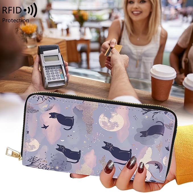 Womens Wallet,RFID Blocking Large Capacity Clutch,Zip Around Leather Purse with 8 Card Slots,Bill Compartments Coin Pocket - Cute Cat and Moon