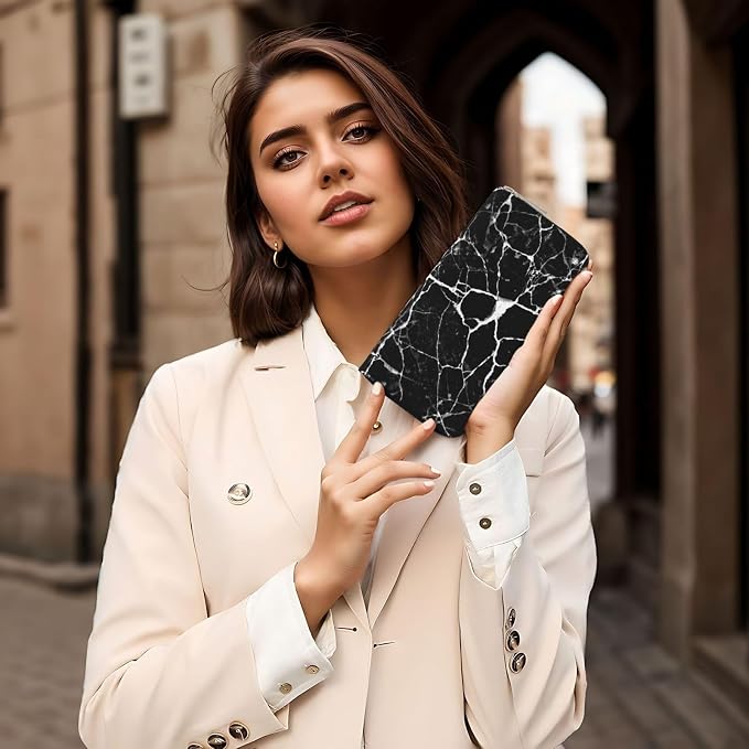Marble Print Black White Wallet for Men Women Elegant Long Clutch Zip Around Travel Leather Coin Purse Large Capacity Credit Card Holder Handbag