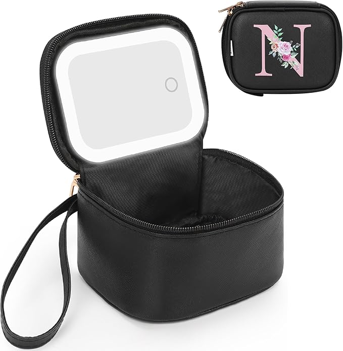 Relavel Mini Makeup Bag with Led Mirror, Initial Cosmetic Travel Bags with 3 Lighting Modes & Adjustable Brightness, Personalized Make Up Pouch for Party Camping - Black N
