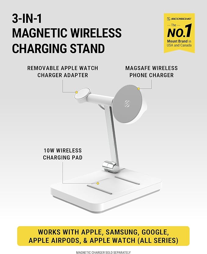 Scosche MagicMount Base MS Foldable Fast Wireless Charging Station for Desk, Phone Charger for MagSafe iPhone 16/15/14/13/12/AirPods Pro with Apple Watch Charger Stand